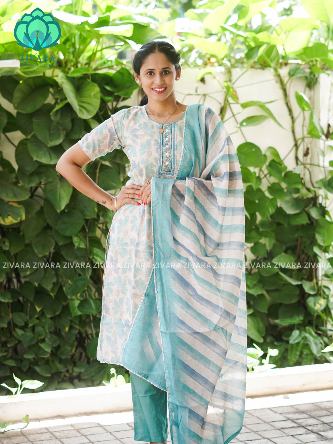 MANASA - BLUE - HANDLOOM SEMI LINEN PATCH WORK - SALWAR SUIT WITH DUPATTA - LABEL ZIVARA