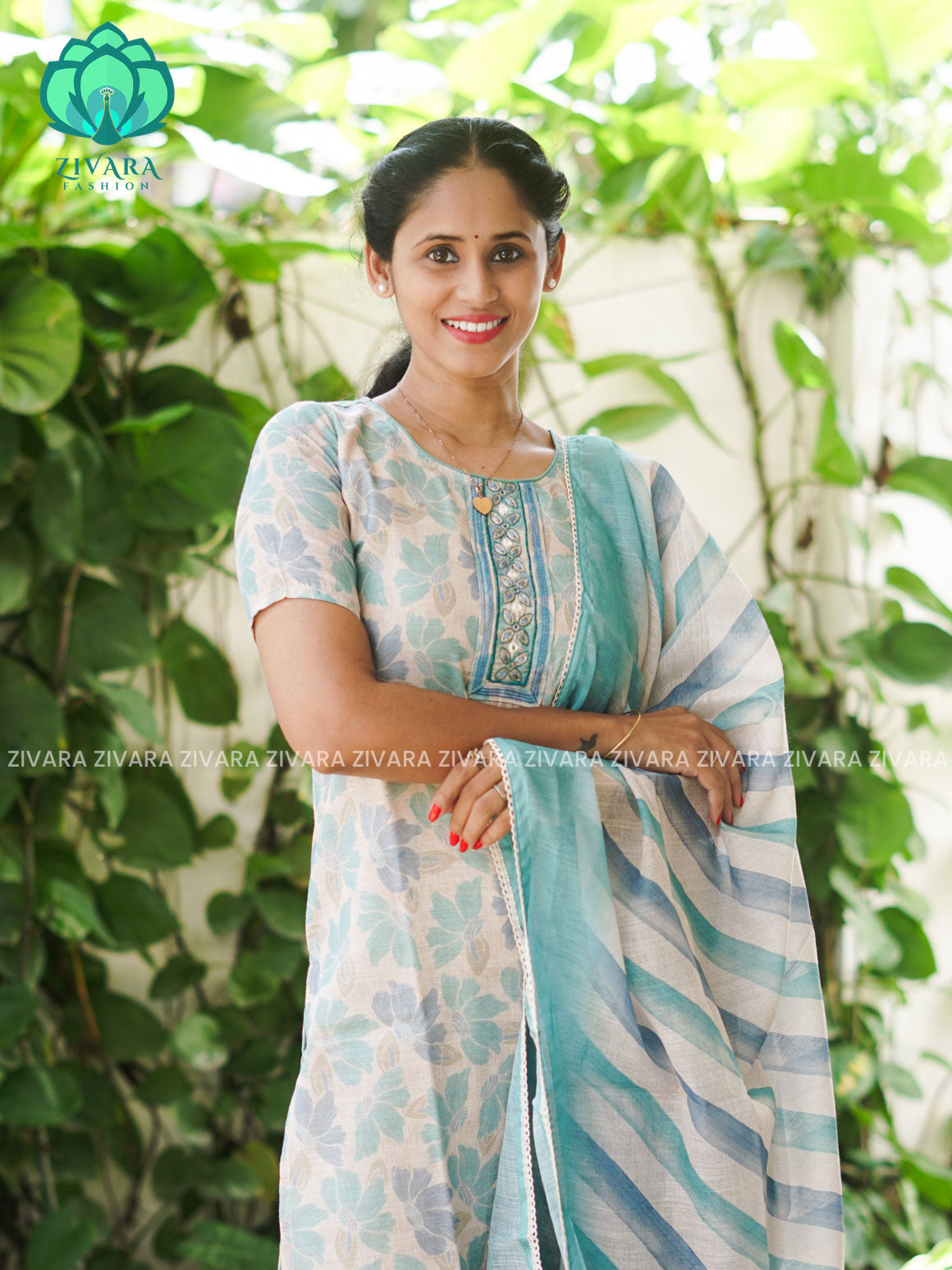 MANASA - BLUE - HANDLOOM SEMI LINEN PATCH WORK - SALWAR SUIT WITH DUPATTA - LABEL ZIVARA