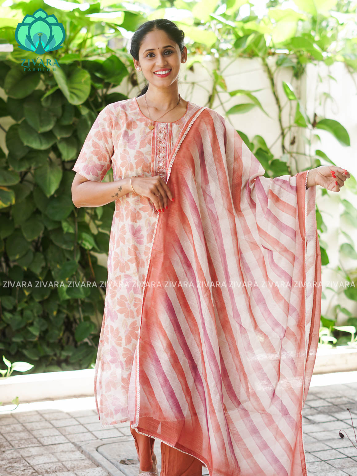 MANASA - PEACH - HANDLOOM SEMI LINEN PATCH WORK - SALWAR SUIT WITH DUPATTA - LABEL ZIVARA