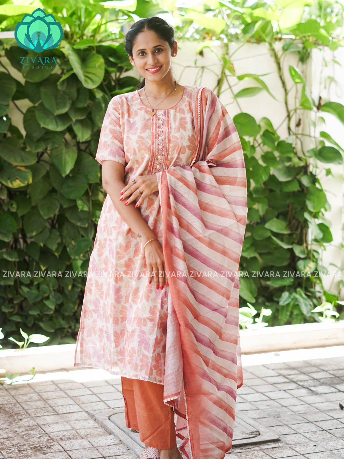 MANASA - PEACH - HANDLOOM SEMI LINEN PATCH WORK - SALWAR SUIT WITH DUPATTA - LABEL ZIVARA