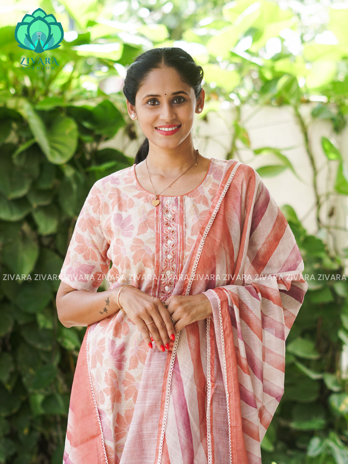 MANASA - PEACH - HANDLOOM SEMI LINEN PATCH WORK - SALWAR SUIT WITH DUPATTA - LABEL ZIVARA