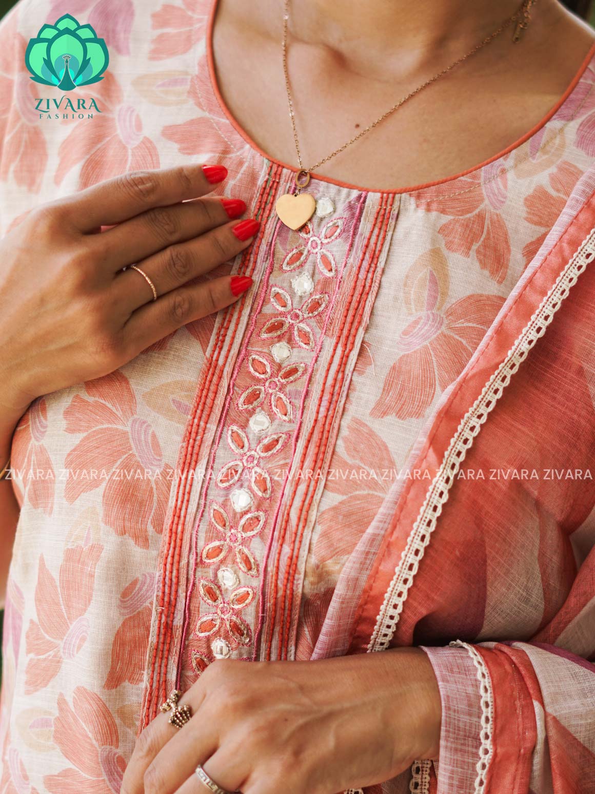 MANASA - PEACH - HANDLOOM SEMI LINEN PATCH WORK - SALWAR SUIT WITH DUPATTA - LABEL ZIVARA