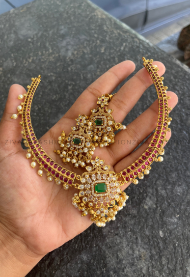 Real kemp hasli type -Traditional south indian premium neckwear with earrings- Zivara Fashion- latest jewellery design.