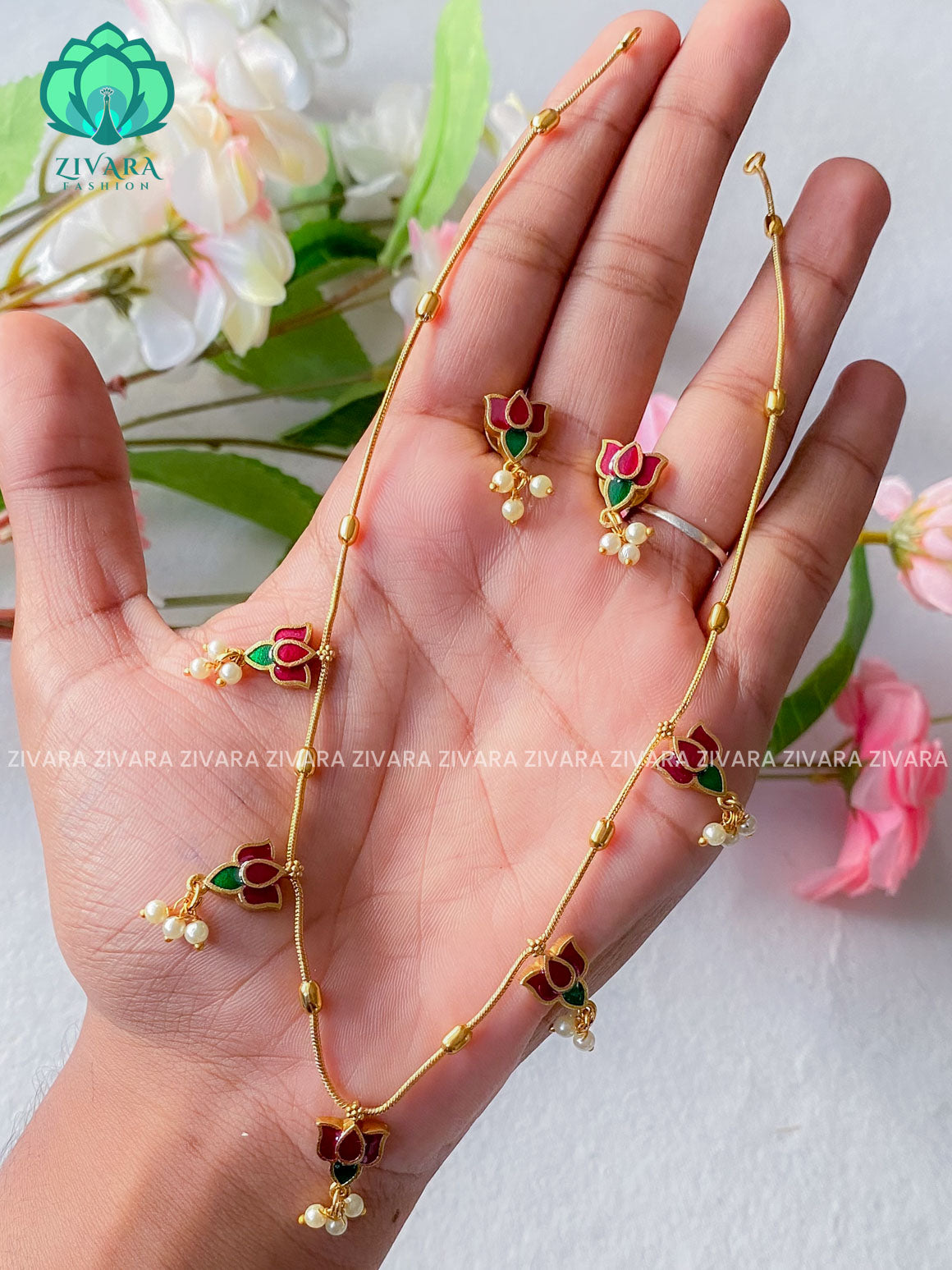 MANJU WARRIER Top seller flimcy enamel lotus -Traditional south indian premium neckwear with earrings- Zivara Fashion- latest jewellery design