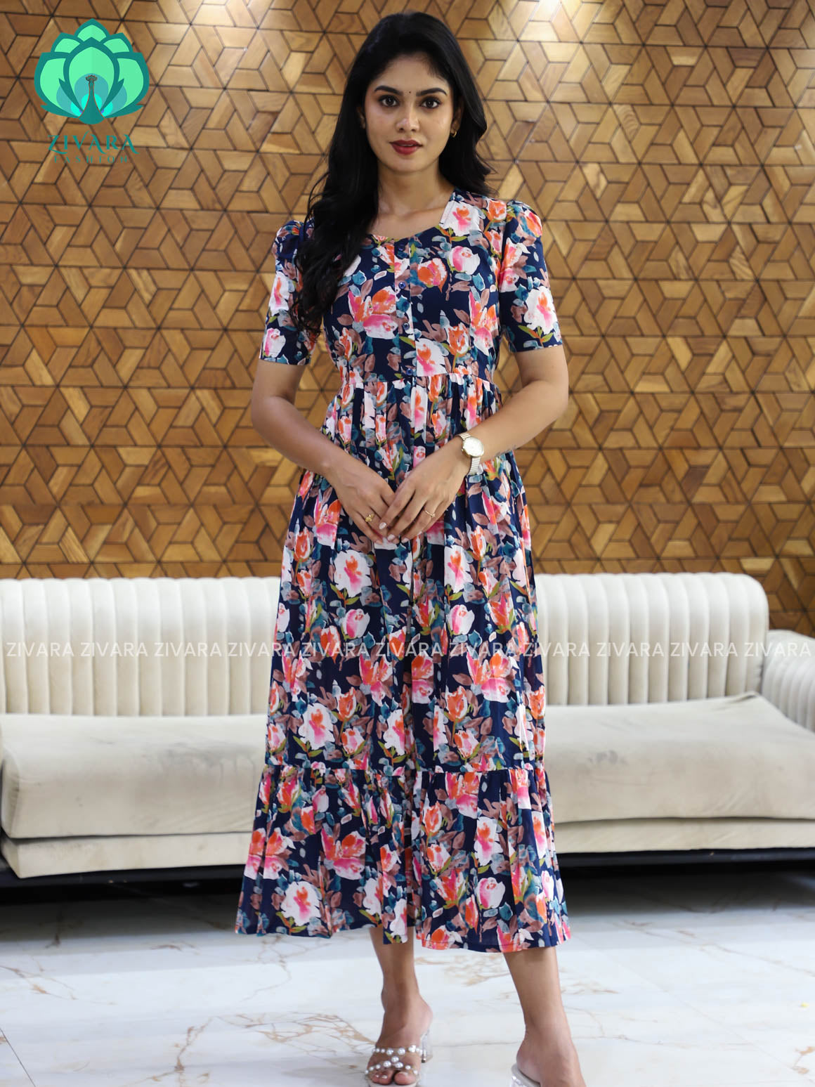 Aalia- Blue floral cotton long maxi for women- Label Zivara