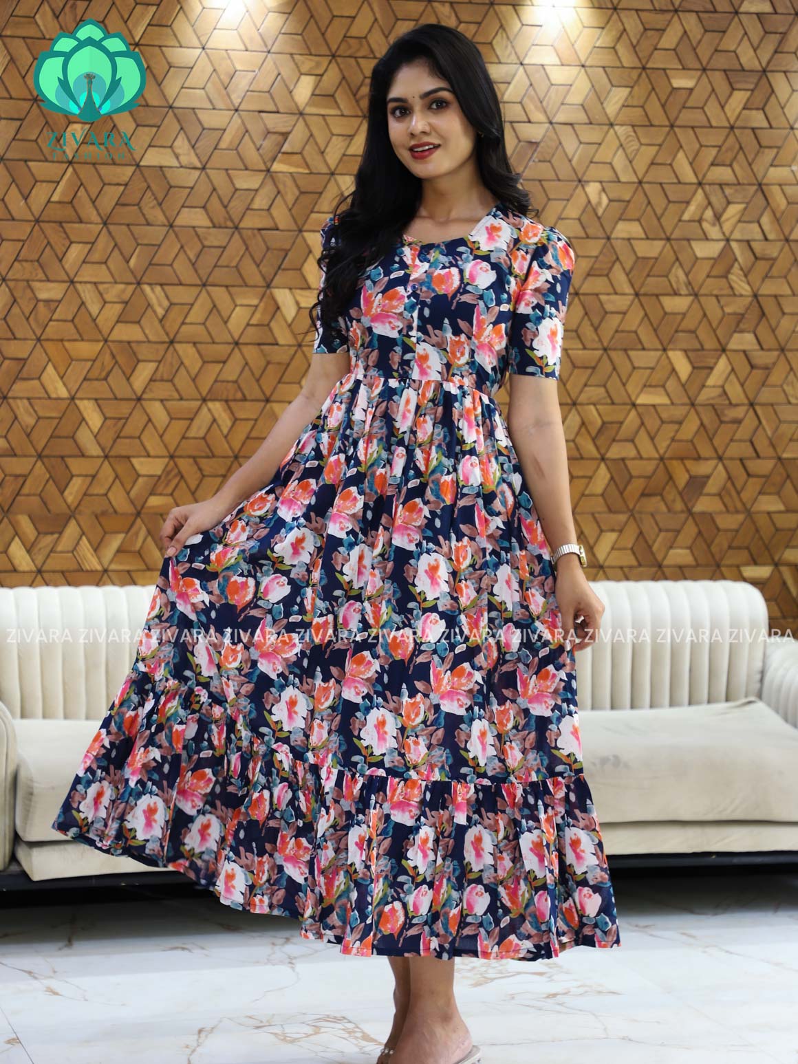 Aalia- Blue floral cotton long maxi for women- Label Zivara
