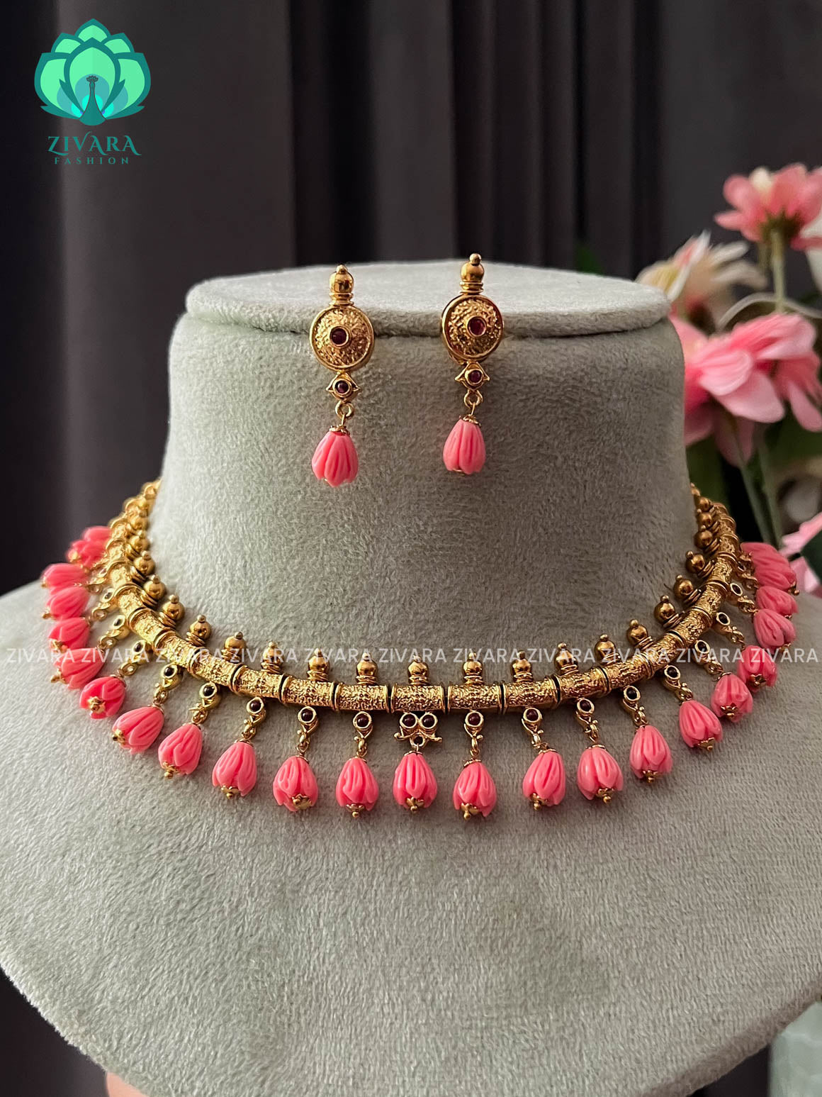 Pavalamalli beads - Traditional south indian premium neckwear with earrings- Zivara Fashion- latest jewellery design