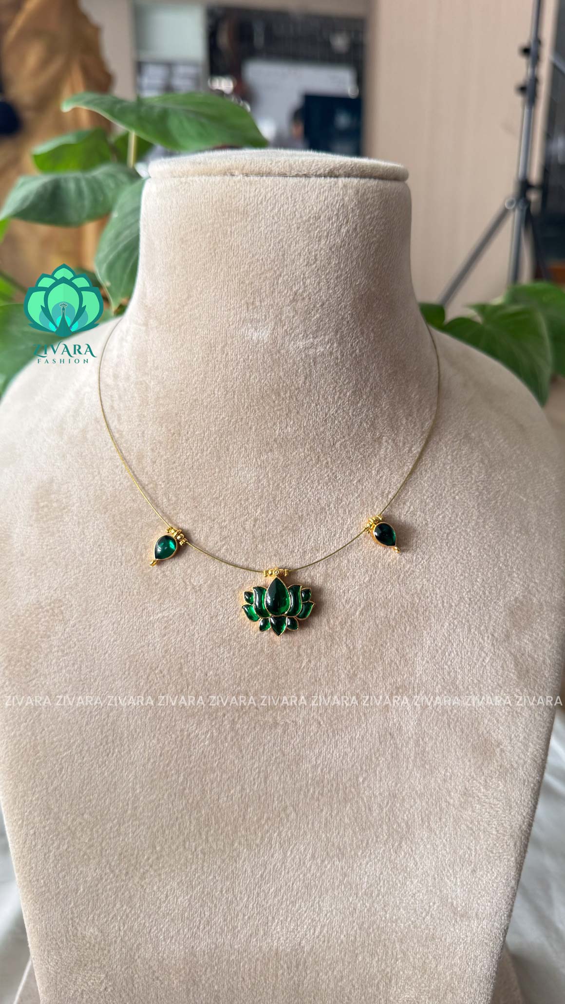 GREEN  - TAMARA- LOTUS  INVISIBLE MINIMAL ELEGANT HANDMADE NECKLACE WITH BRILLIANT FINISH MOTIFS- ZIVARA FASHION