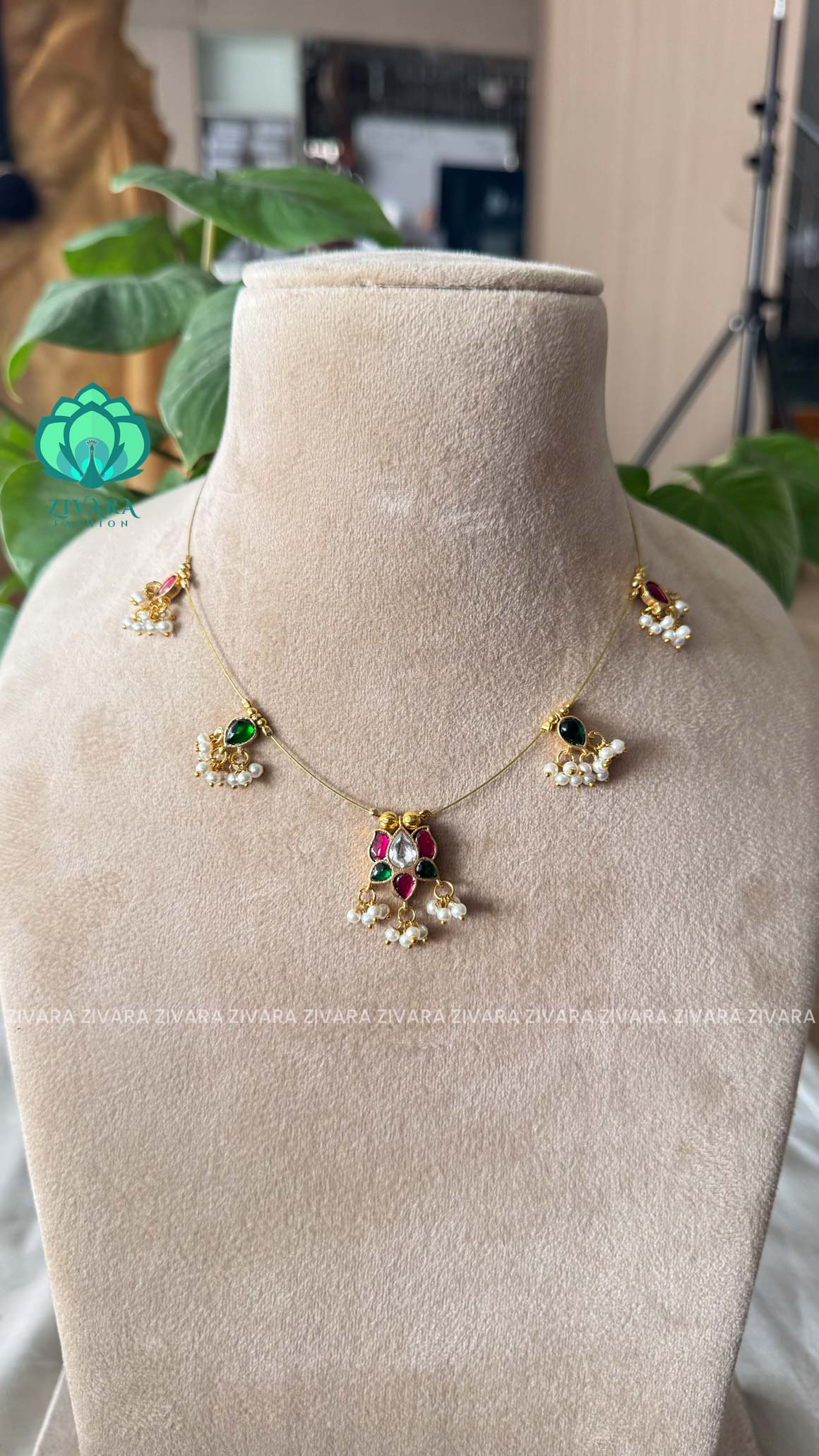 RUBY AND GREEN- LOTUS TEAR  - TAMARA-INVISIBLE MINIMAL ELEGANT HANDMADE NECKLACE WITH BRILLIANT FINISH MOTIFS- ZIVARA FASHION