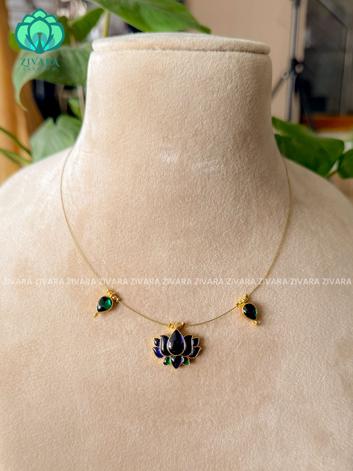 BLUE AND GREEN  - TAMARA- LOTUS  INVISIBLE MINIMAL ELEGANT HANDMADE NECKLACE WITH BRILLIANT FINISH MOTIFS- ZIVARA FASHION