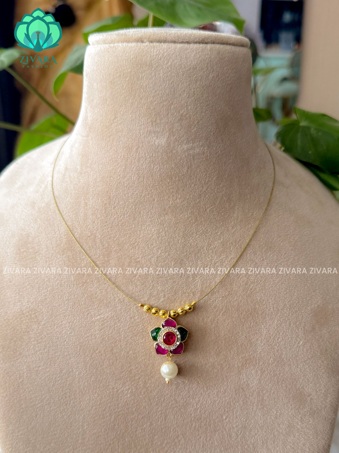 RUBY AND GREEN - FLOWER   - TAMARA-INVISIBLE MINIMAL ELEGANT HANDMADE NECKLACE WITH BRILLIANT FINISH MOTIFS- ZIVARA FASHION