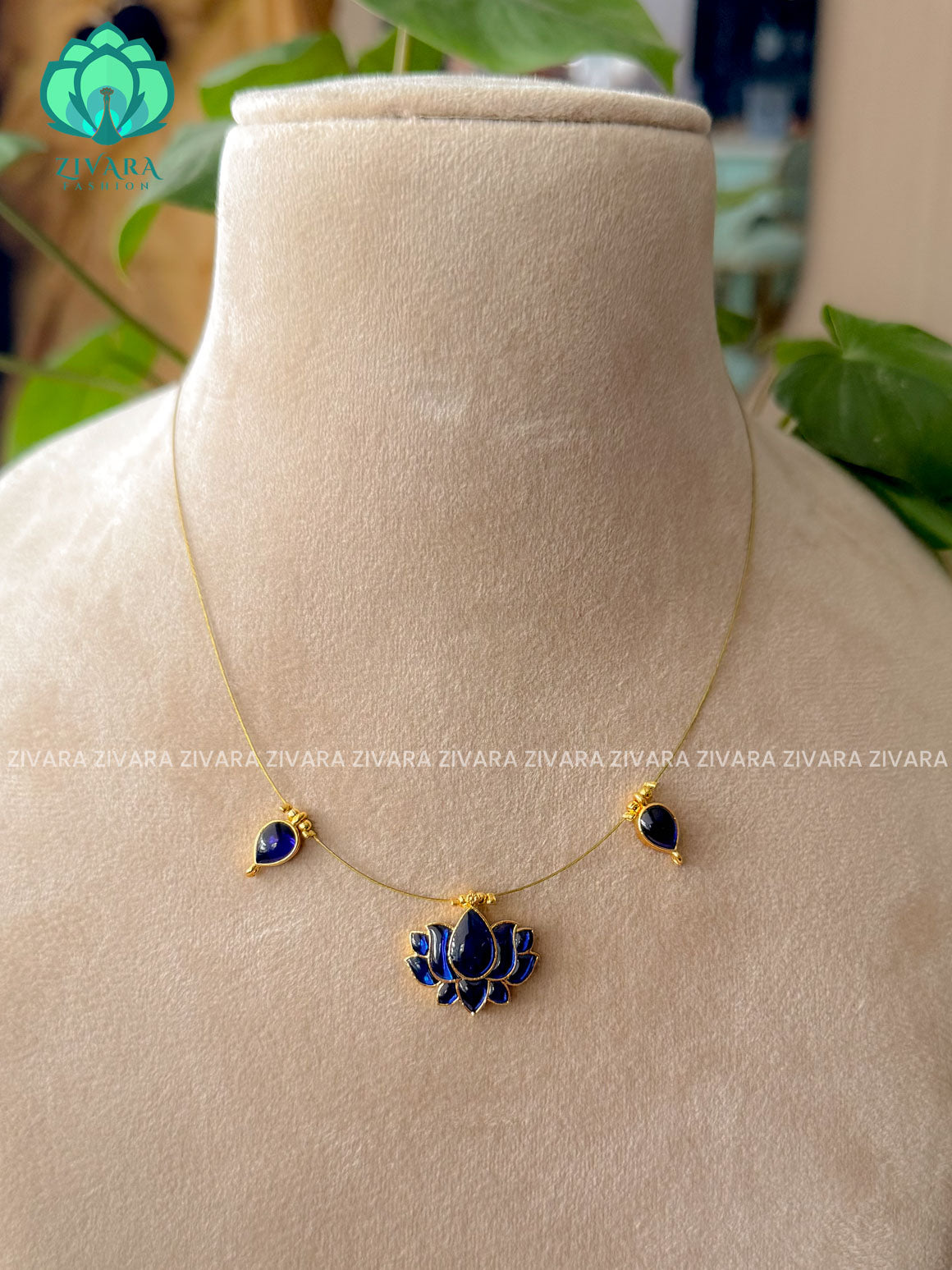 BLUE  - TAMARA- LOTUS  INVISIBLE MINIMAL ELEGANT HANDMADE NECKLACE WITH BRILLIANT FINISH MOTIFS- ZIVARA FASHION