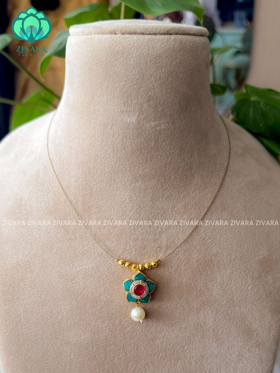 RUBY AND TURQUOISE - FLOWER   - TAMARA-INVISIBLE MINIMAL ELEGANT HANDMADE NECKLACE WITH BRILLIANT FINISH MOTIFS- ZIVARA FASHION