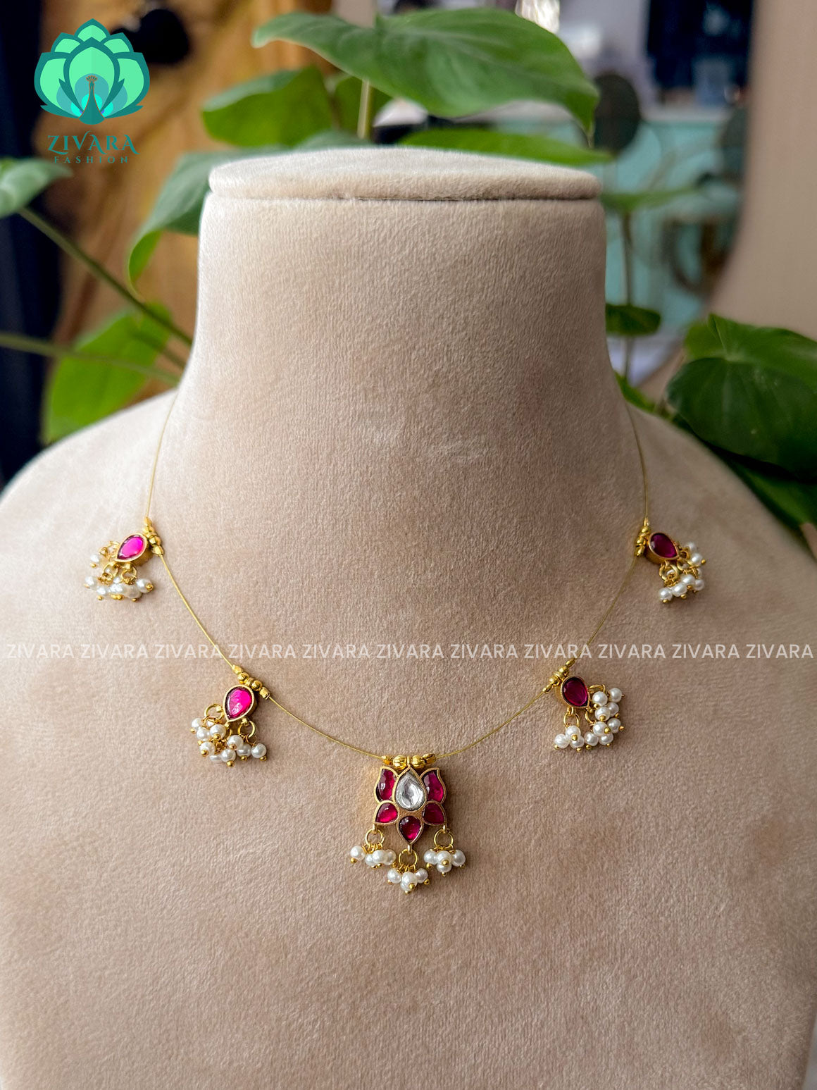 RUBY - LOTUS TEAR  - TAMARA-INVISIBLE MINIMAL ELEGANT HANDMADE NECKLACE WITH BRILLIANT FINISH MOTIFS- ZIVARA FASHION