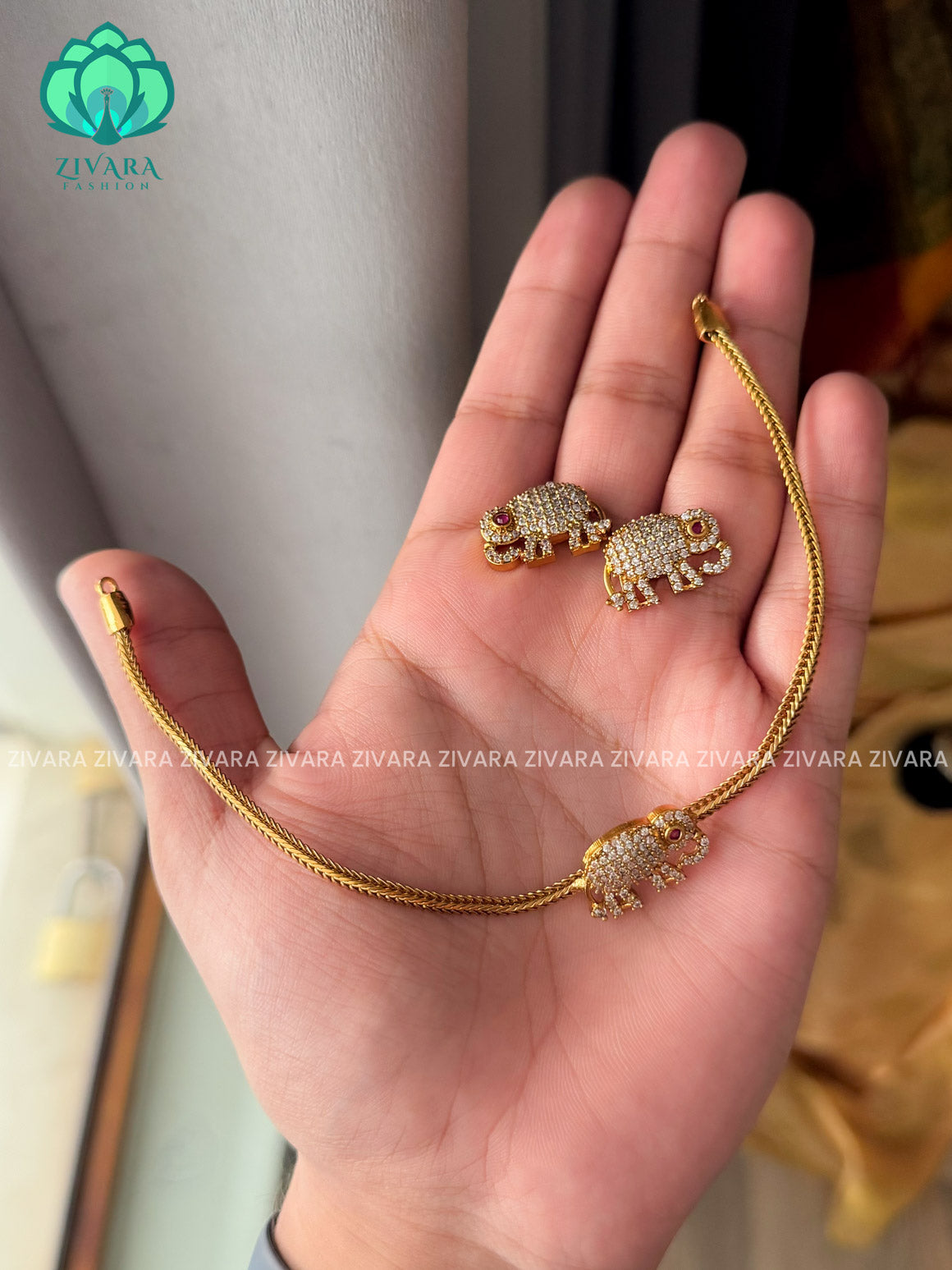 Small Elephant  -Flexible chain - Traditional south indian premium neckwear with earrings- Zivara Fashion- latest jewellery design