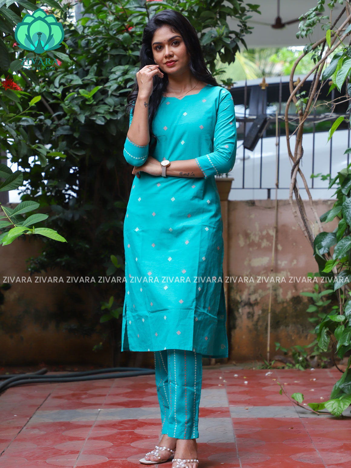 GREENISH BLUE  - Mona-  pure handloom cotton pre-washed Full length straight cut coord sets for women- Label Zivara