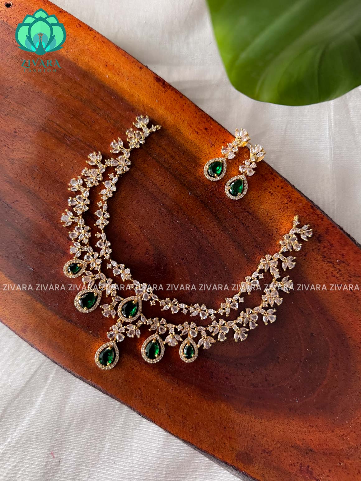 GREEN STONE STEP - stylish and minimal elegant neckwear with earrings- Zivara Fashion