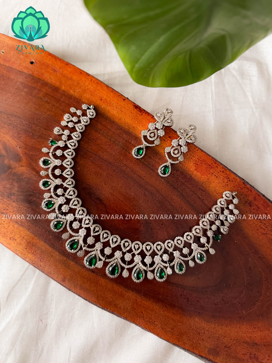 GREEN BRIDAL AD HASLI NECKLACE - SUBTLE GOLD FINISH- Traditional south indian premium neckwear with earrings- Zivara Fashion- latest jewellery design