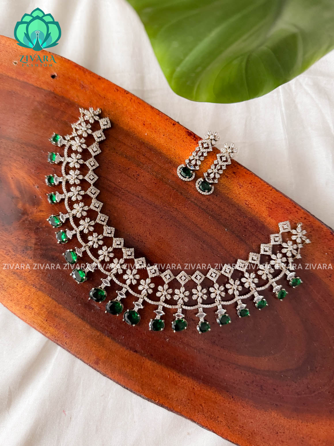 GREEN BRIDAL AD HASLI NECKLACE - SUBTLE GOLD FINISH- Traditional south indian premium neckwear with earrings- Zivara Fashion- latest jewellery design