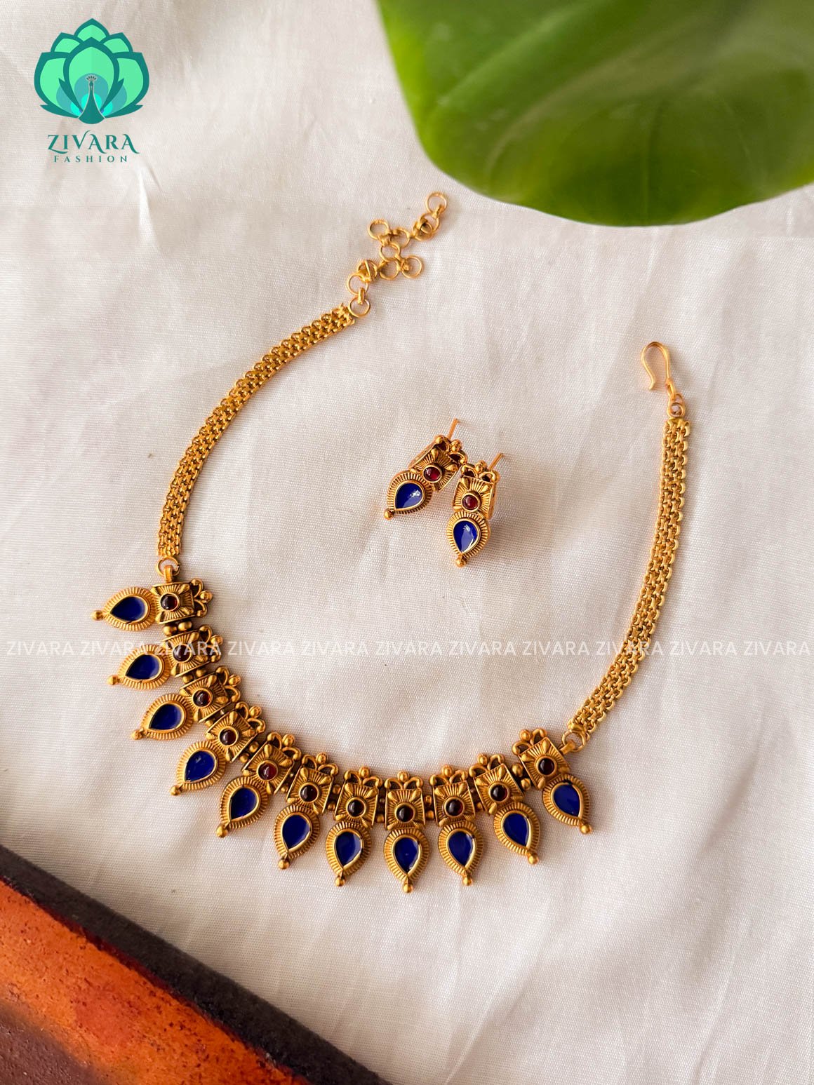 BLUE ENAMEL - Traditional south indian NORMAL MATTE PALLAKAD neckwear with earrings- Zivara Fashion- latest jewellery design