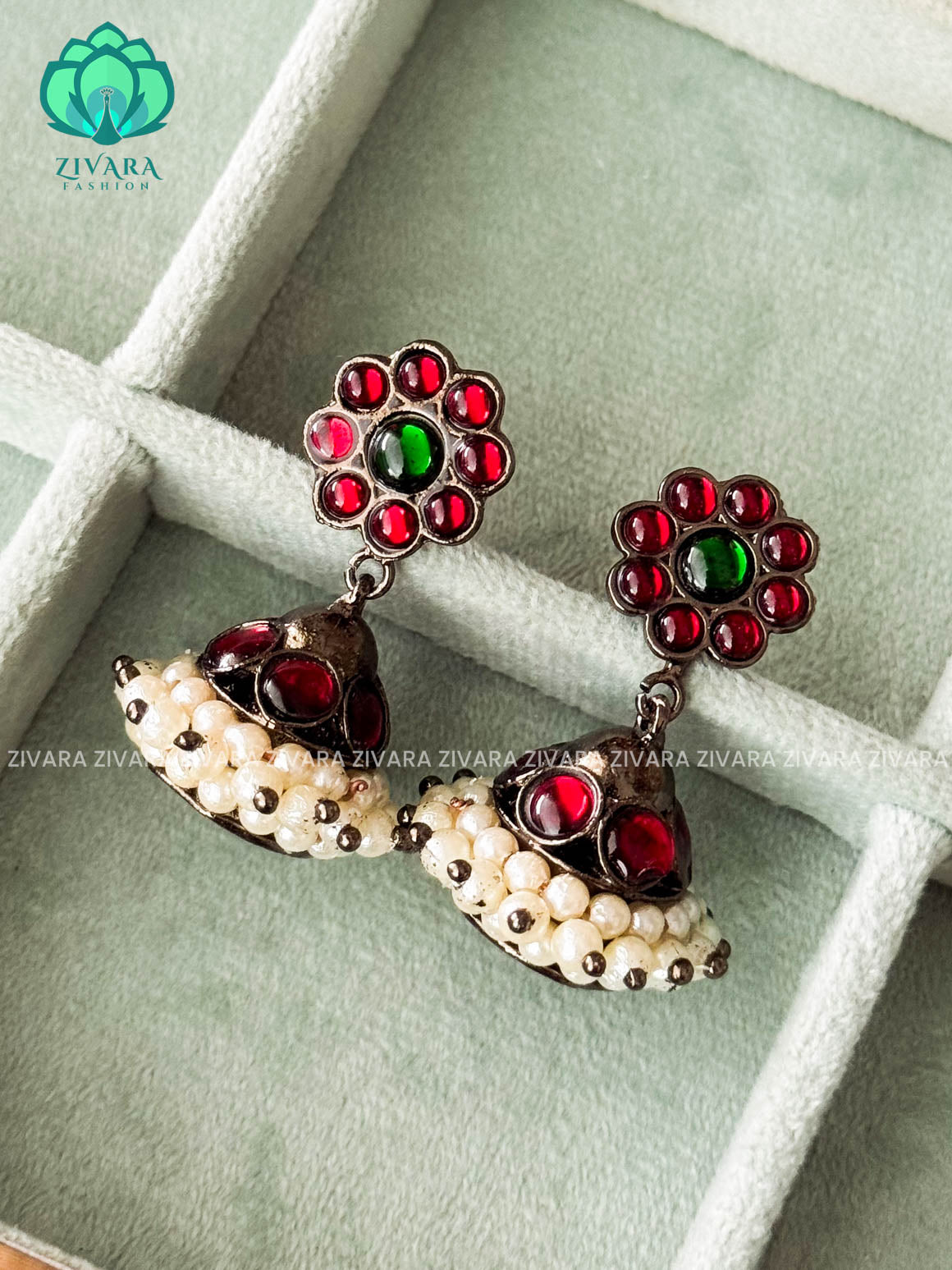 RED AND GREEN  - TRADITIONAL BLACK KEMP SINGLE LINE STONE JHUMKA - latest kemp dance jewellery collection