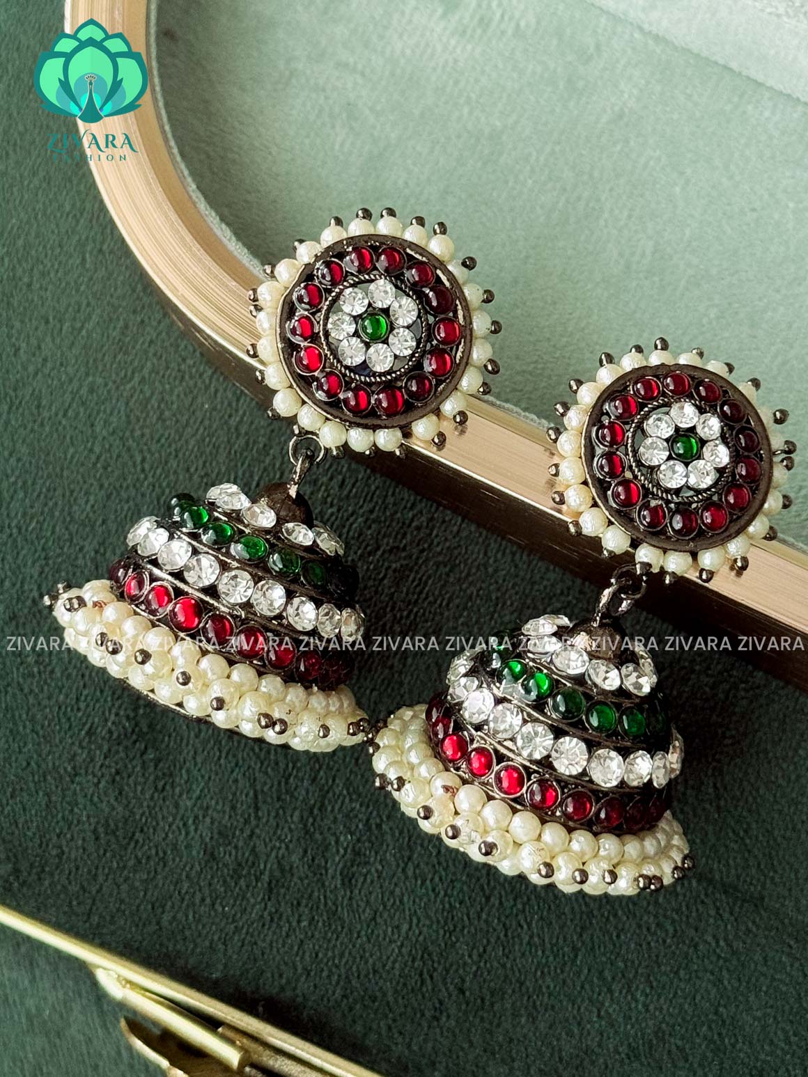 RED AND GREEN  - TRADITIONAL BLACK KEMP JHUMKA - latest kemp dance jewellery collection