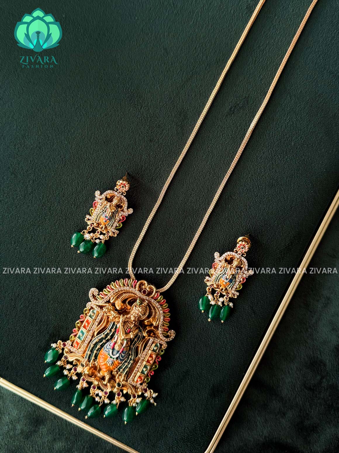 MADHURYA - DIVINE KRISHNA HAND PAINTED - VINTAGE TEMPLE PENDANT WITH CHAIN - Traditional PREMIUM MATTE polish MIDCHEST neckwear without earrings- Zivara Fashion