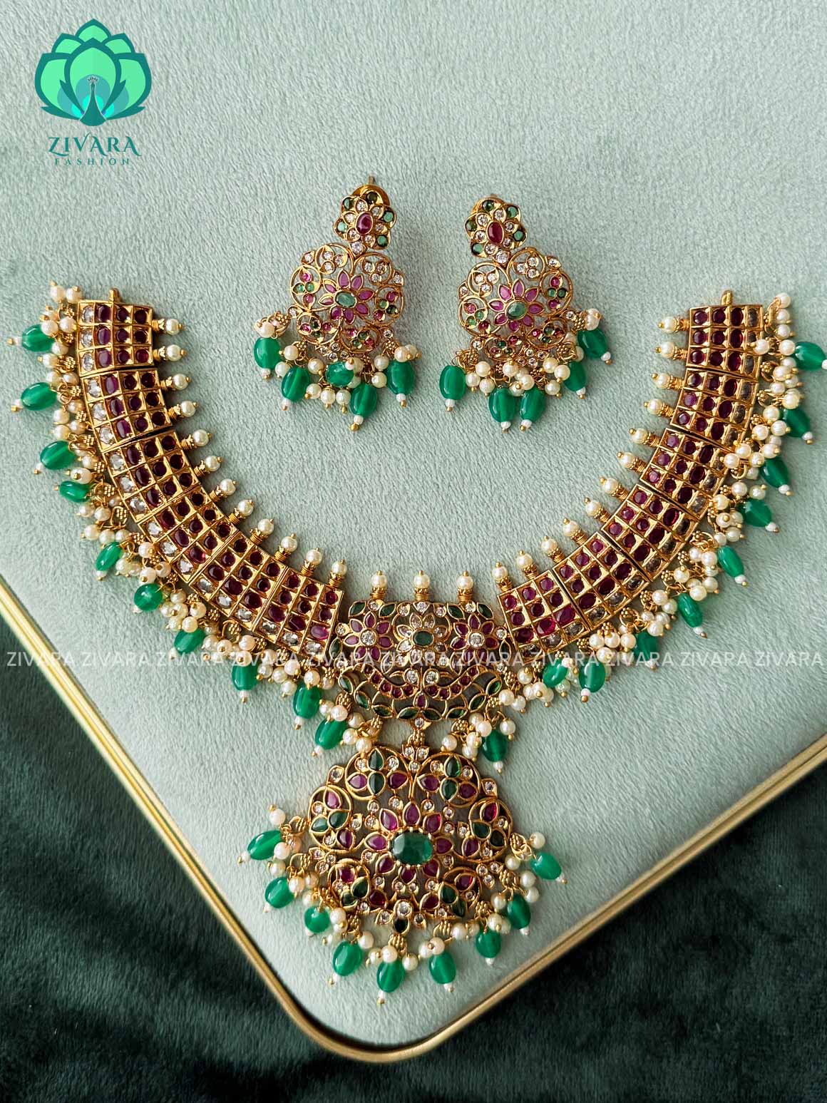 AKSHAYAM -  REAL KEMP neckwear with green beads hangings with earrings - Zivara Fashion