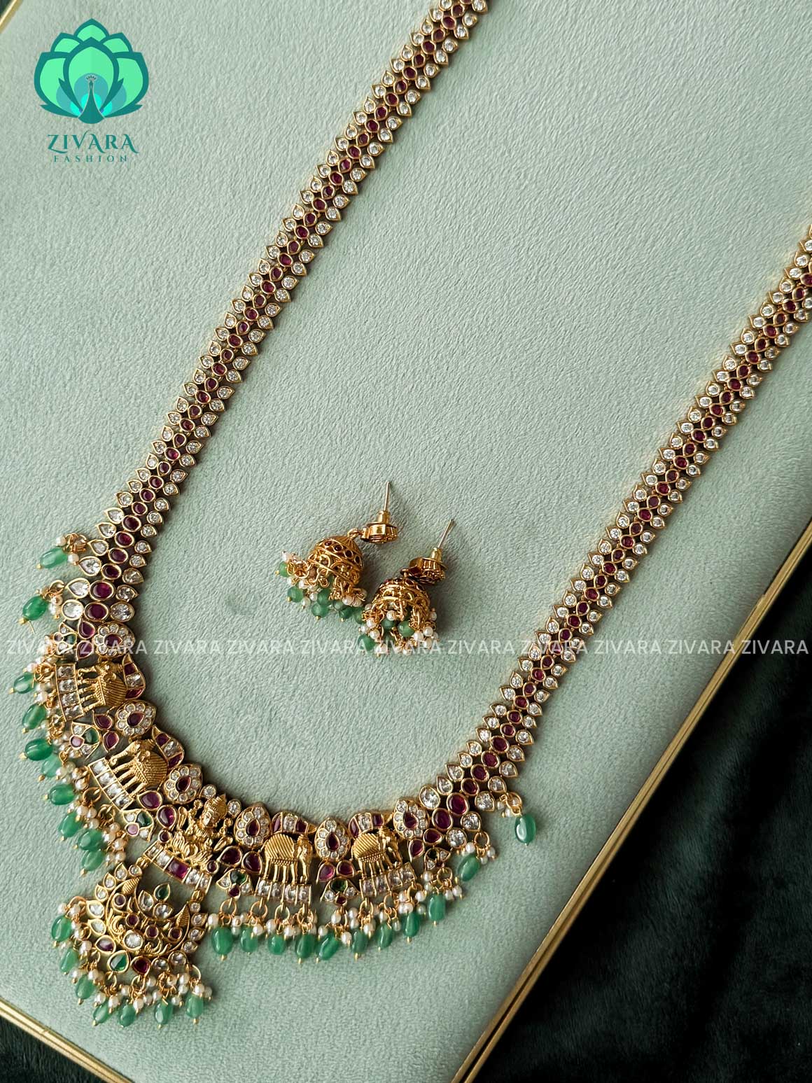 REAL KEMP TEMPLE HAARAM WITH GREEN BEADS HANGINGS  - Traditional PREMIUM MATTE polish MIDCHEST haaram/neckwear with earrings- Zivara Fashion