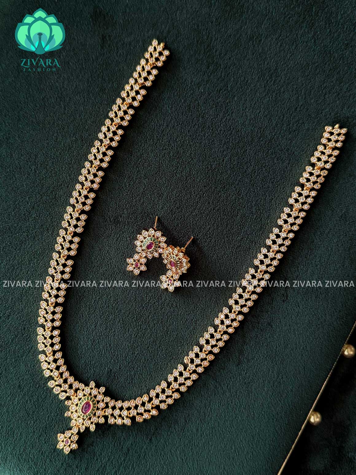 DESIGNER WHITE STONE   - Traditional PREMIUM MATTE polish MIDCHEST haaram/neckwear with earrings- Zivara Fashion
