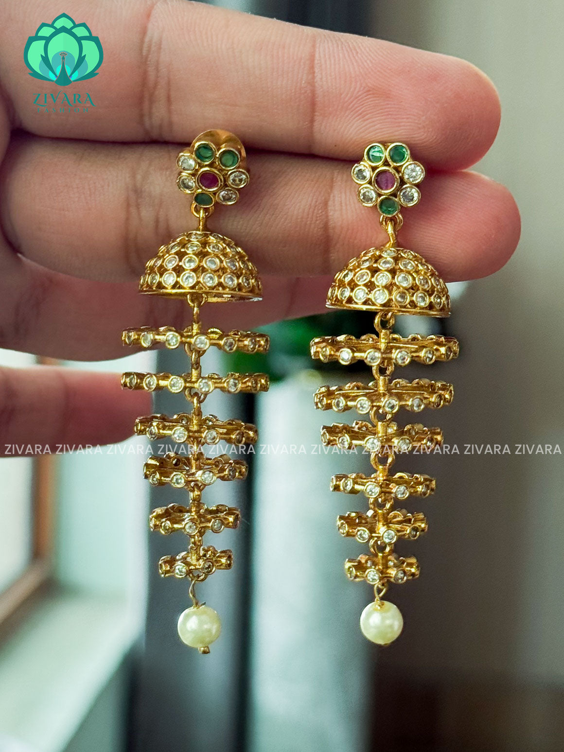 DIYA - GREEN WHITE FLOWER TEAR SIX LAYER  WHITE STONE JHUMKA - TRADITIONAL PREMIUM MATTE  polish JHUMKA- latest jewellery collection- zivara fashion