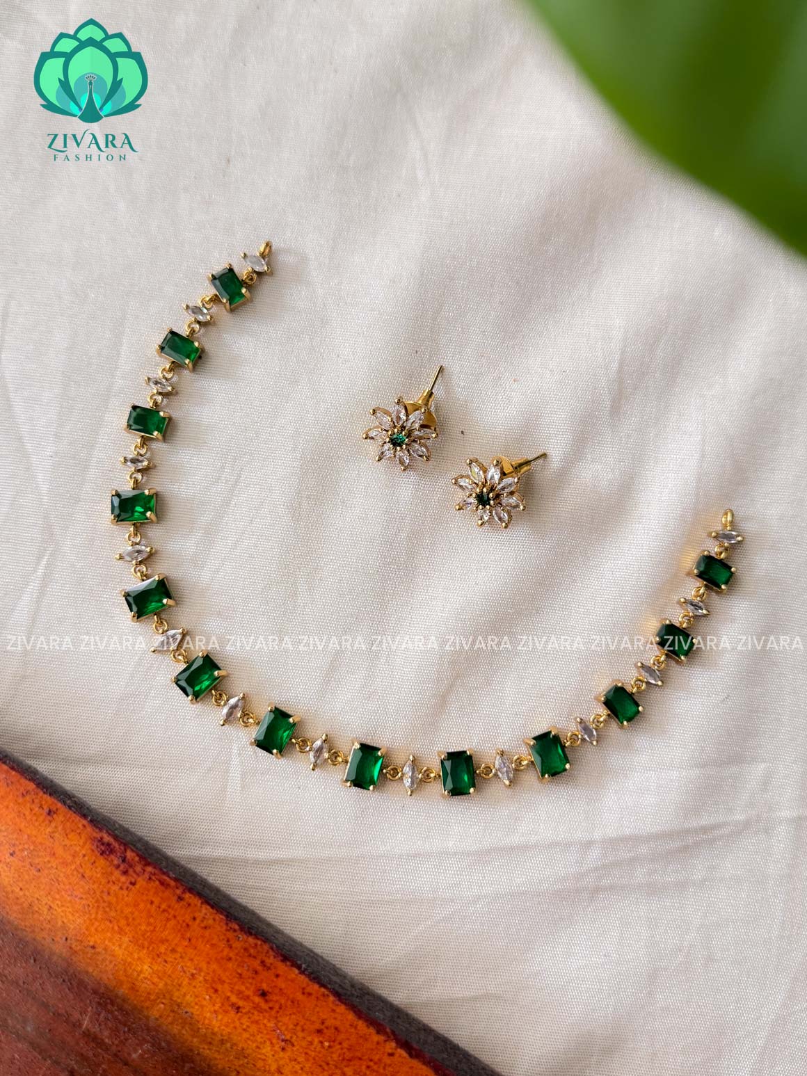 GREEN STONE- stylish and minimal elegant neckwear with earrings- Zivara Fashion