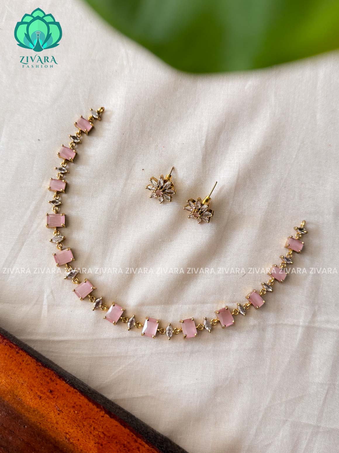 PASTEL PINK  STONE- stylish and minimal elegant neckwear with earrings- Zivara Fashion