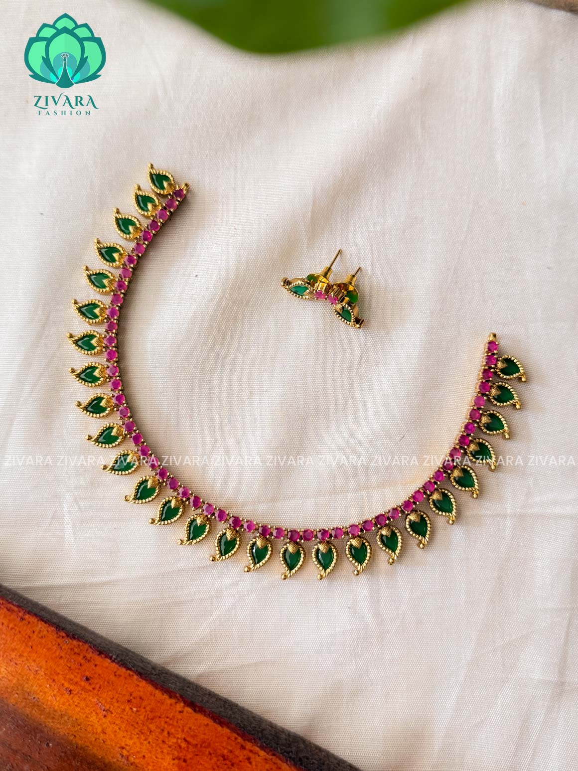 GREEN AND RUBY MANGO  -Traditional south indian PREMIUM MATTE neckwear with earrings- Zivara Fashion- latest jewellery design