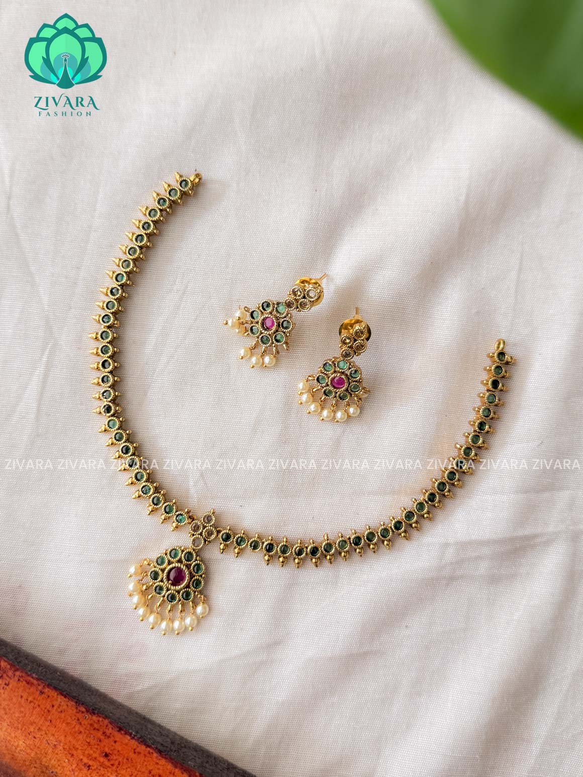 Green - Hot Selling attigai necklace  -Traditional south indian premium neckwear with earrings- Zivara Fashion- latest jewellery design