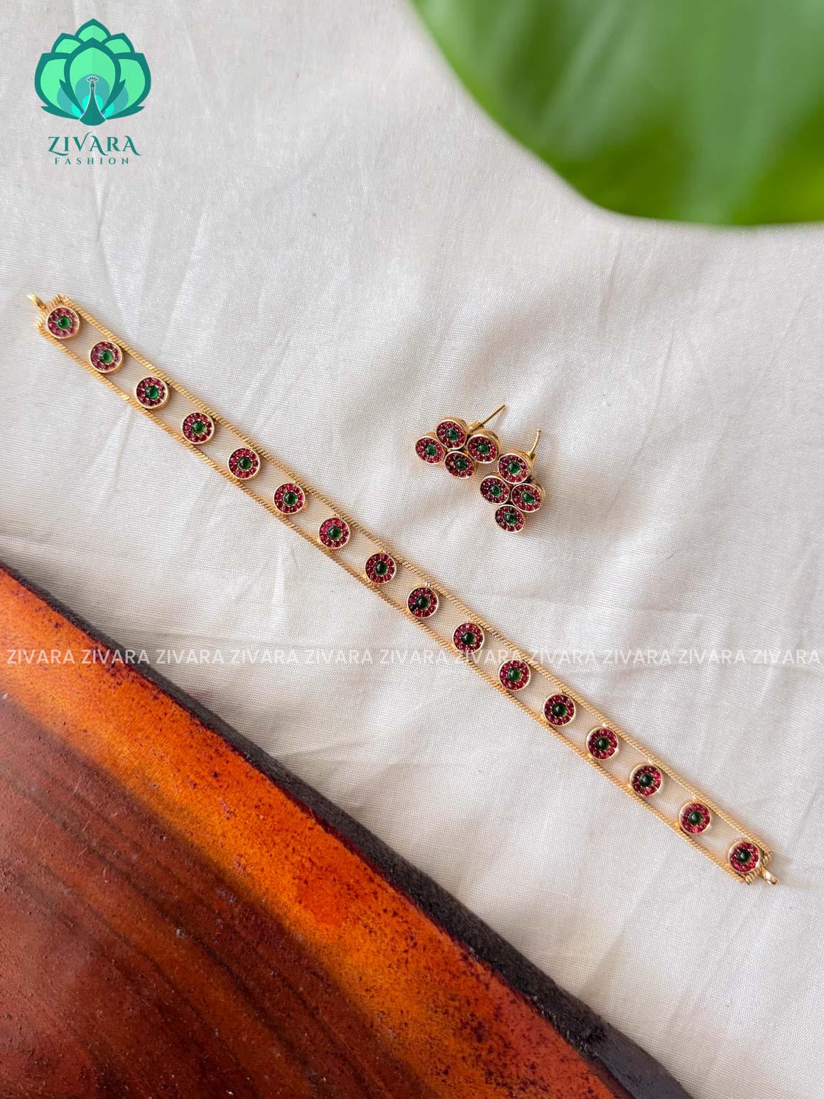 Simple Ruby and green line - Traditional south indian NORMAL MATTE choker with earrings - Zivara Fashion