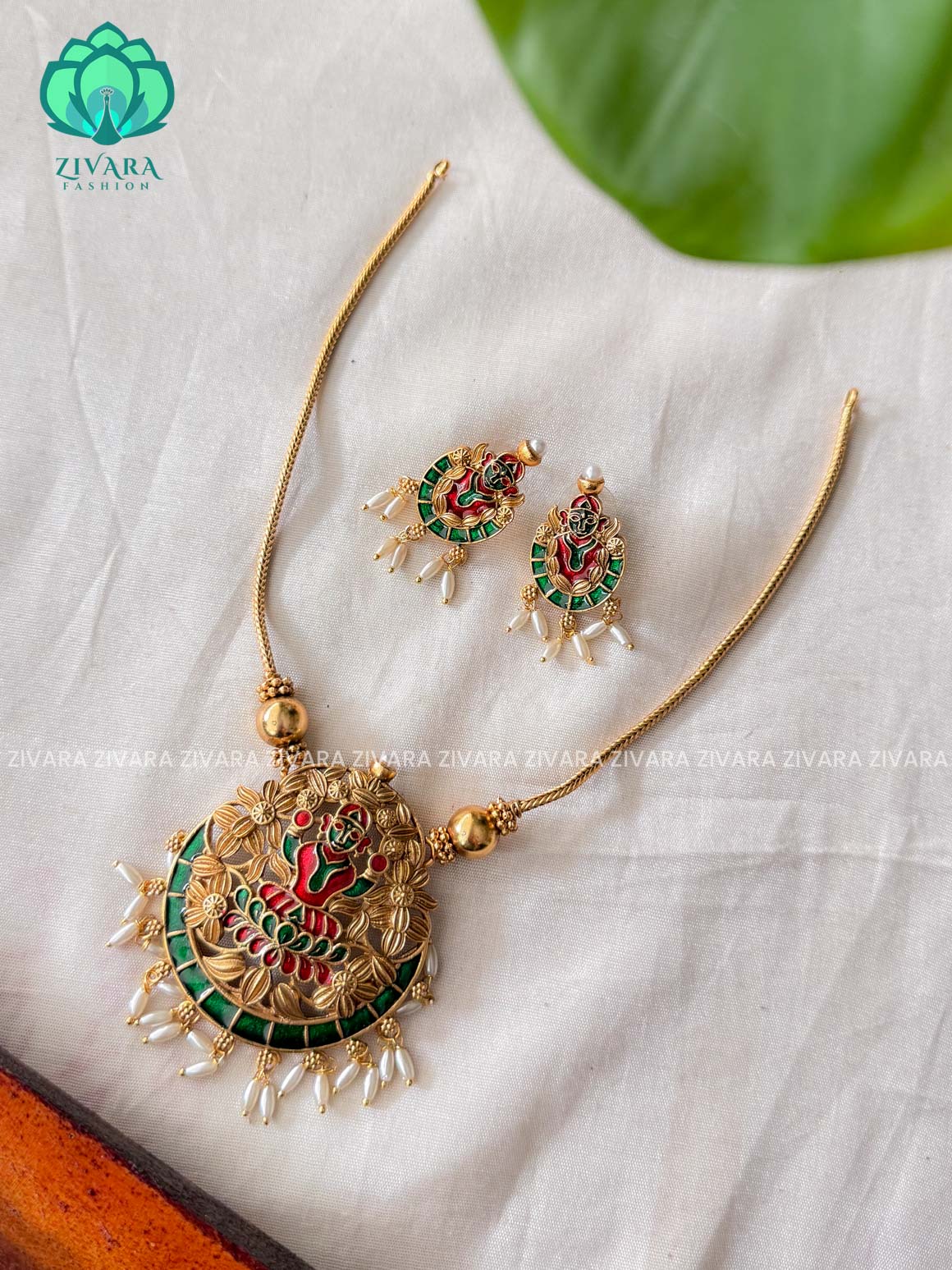 FLEXIBLE CHAIN temple enamel   -Traditional south indian normal matte neckwear with earrings- Zivara Fashion- latest jewellery design.