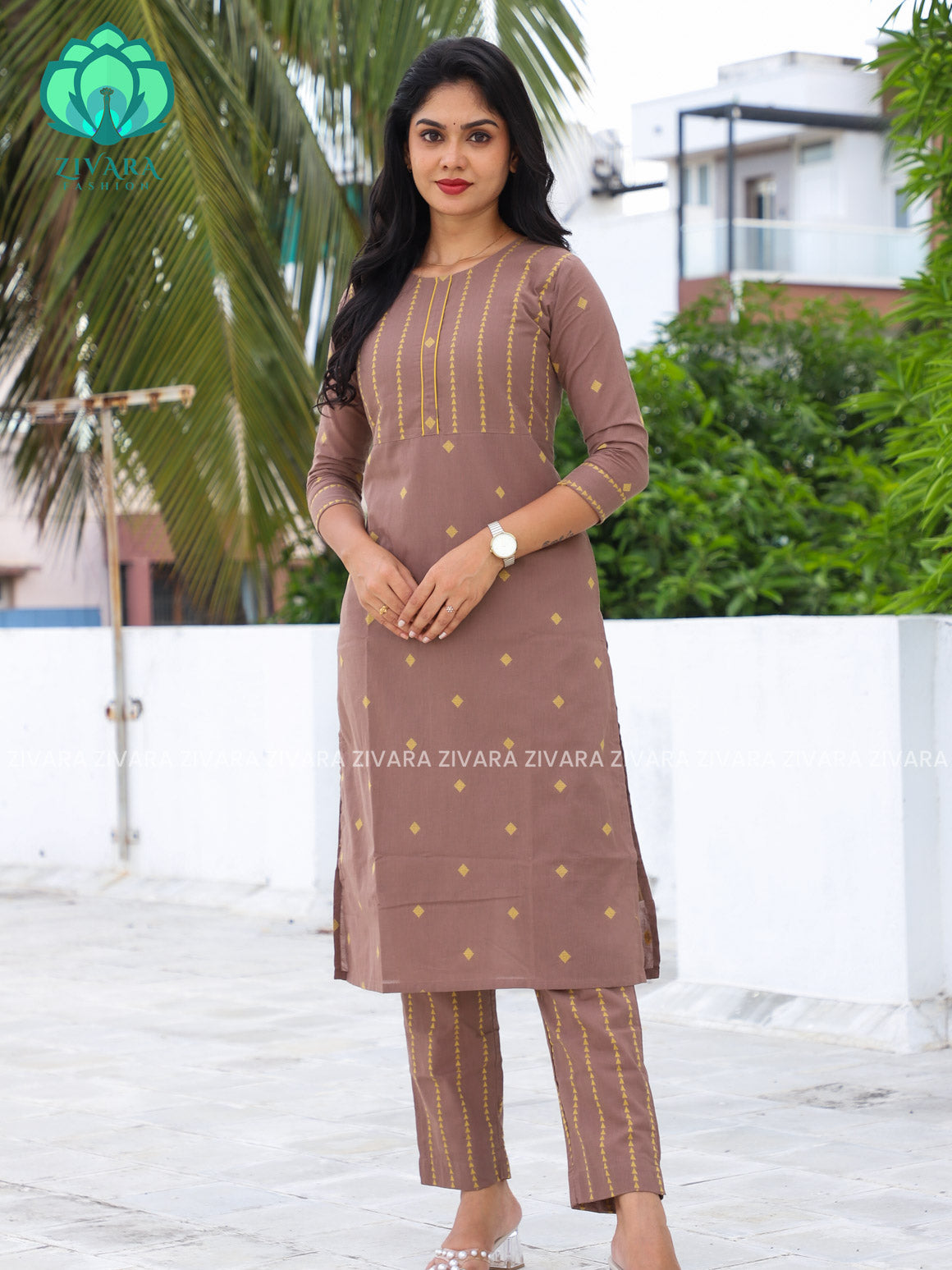 BROWN - Mona-  pure handloom cotton pre-washed Full length straight cut coord sets for women- Label Zivara