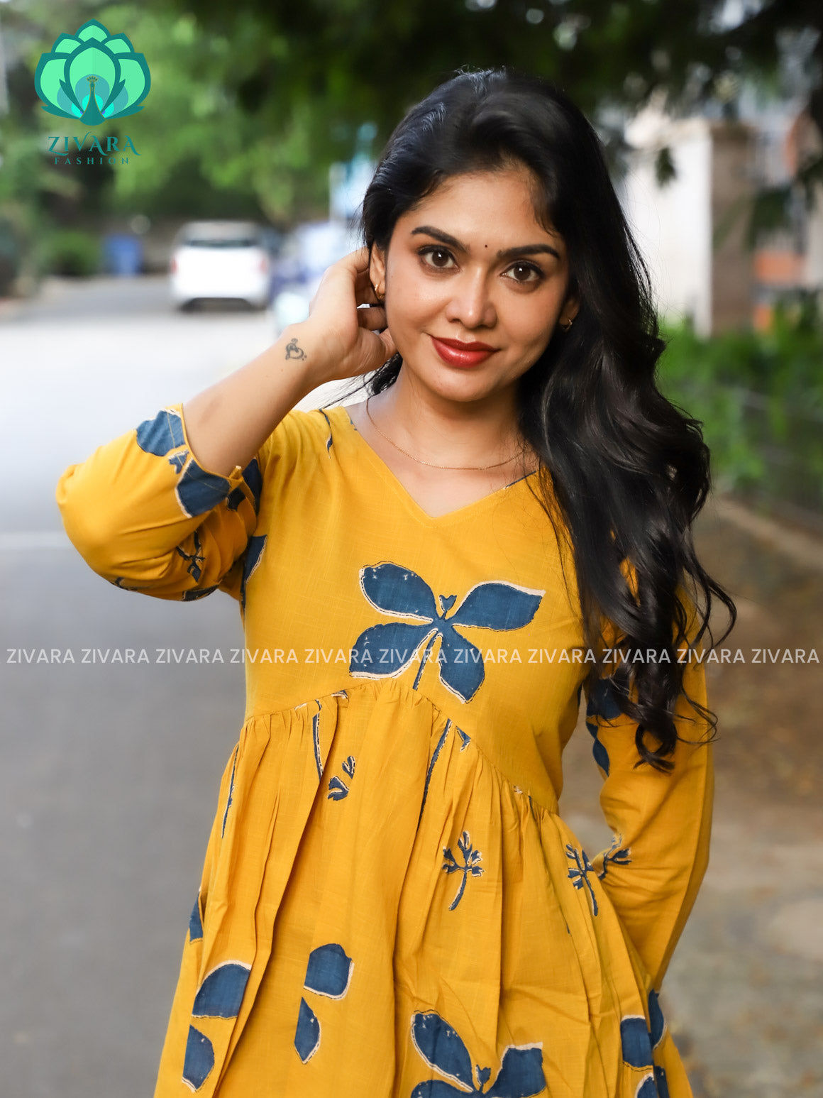 Madhu - Yellow butterfly PEPLUM  Woven cotton short office wear  for women- Label Zivara