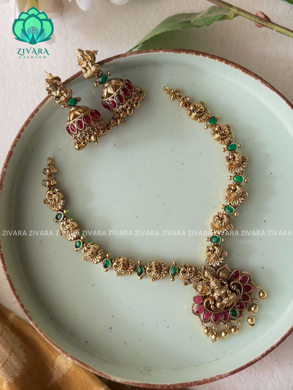 Ruby and Green Trending MATTE temple neckwear with earrings- Zivara Fashion- latest jewellery design