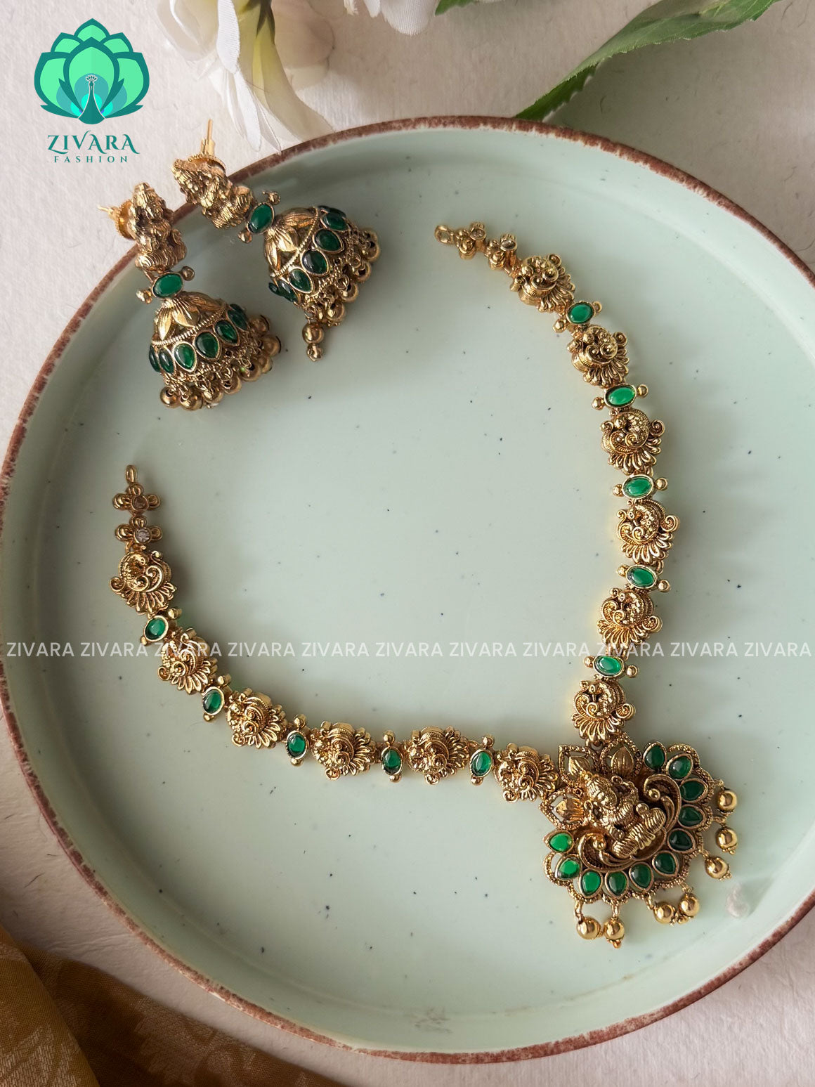 Green Trending MATTE temple neckwear with earrings- Zivara Fashion- latest jewellery design