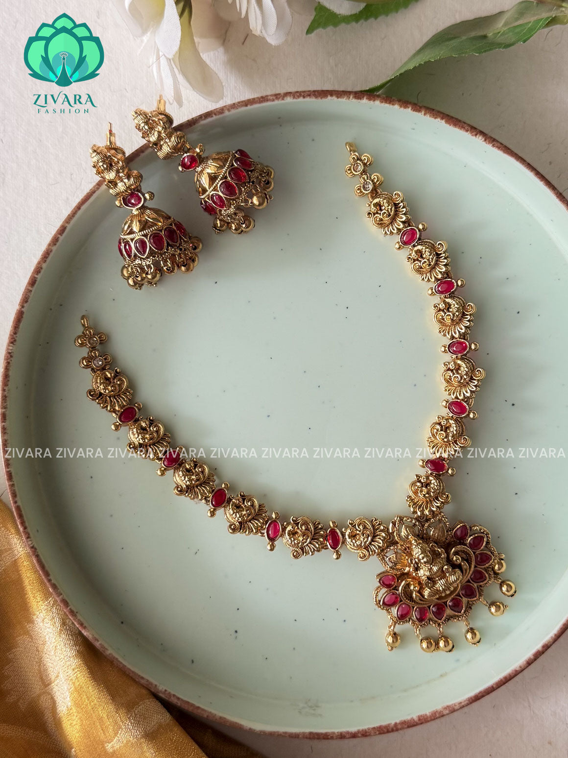 Ruby Trending MATTE temple neckwear with earrings- Zivara Fashion- latest jewellery design