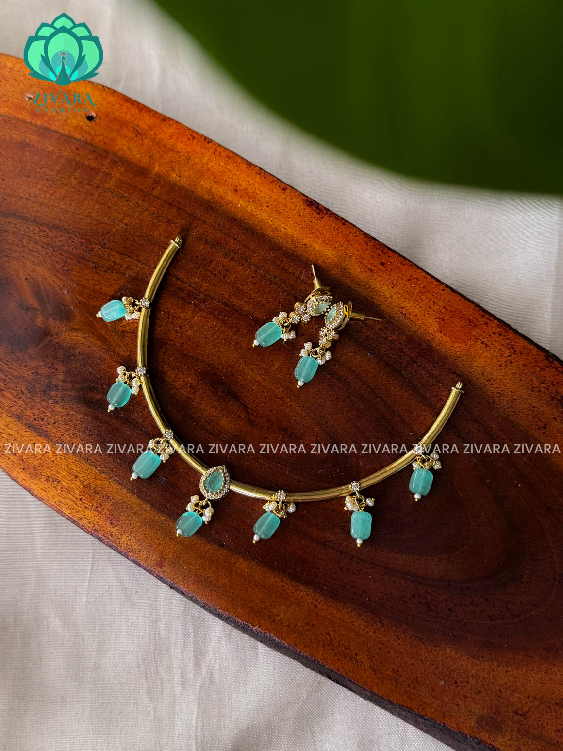 PASTEL GREEN  - Simple beads hanging Traditional south indian premium neckwear with earrings- Zivara Fashion- latest jewellery design