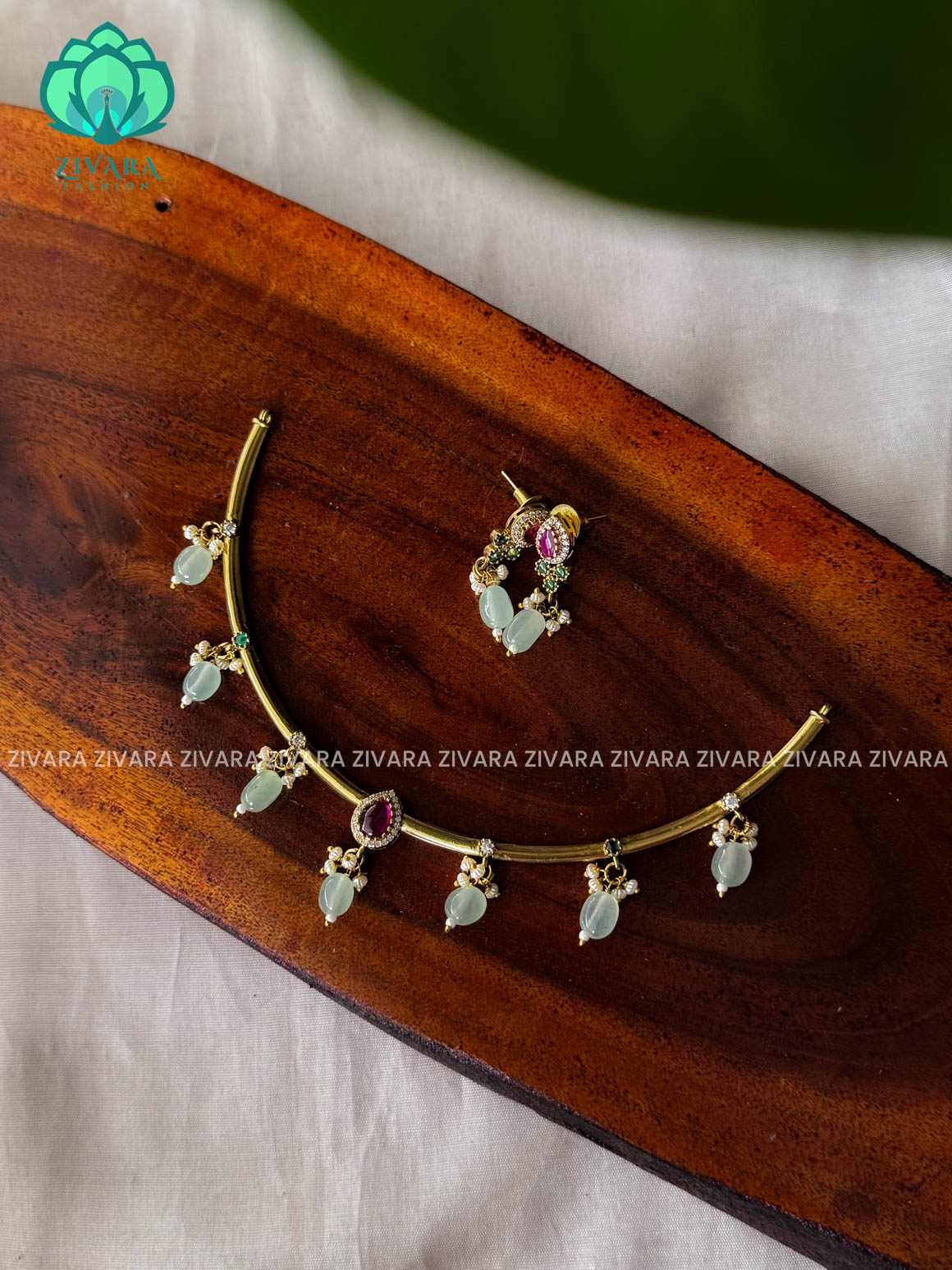 PASTEL GREEN WITH RUBY  - Simple beads hanging Traditional south indian premium neckwear with earrings- Zivara Fashion- latest jewellery design