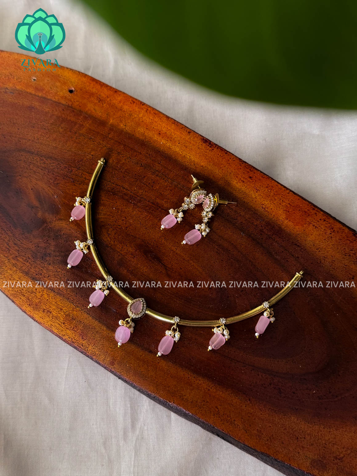 PASTEL PINK  - Simple beads hanging Traditional south indian premium neckwear with earrings- Zivara Fashion- latest jewellery design