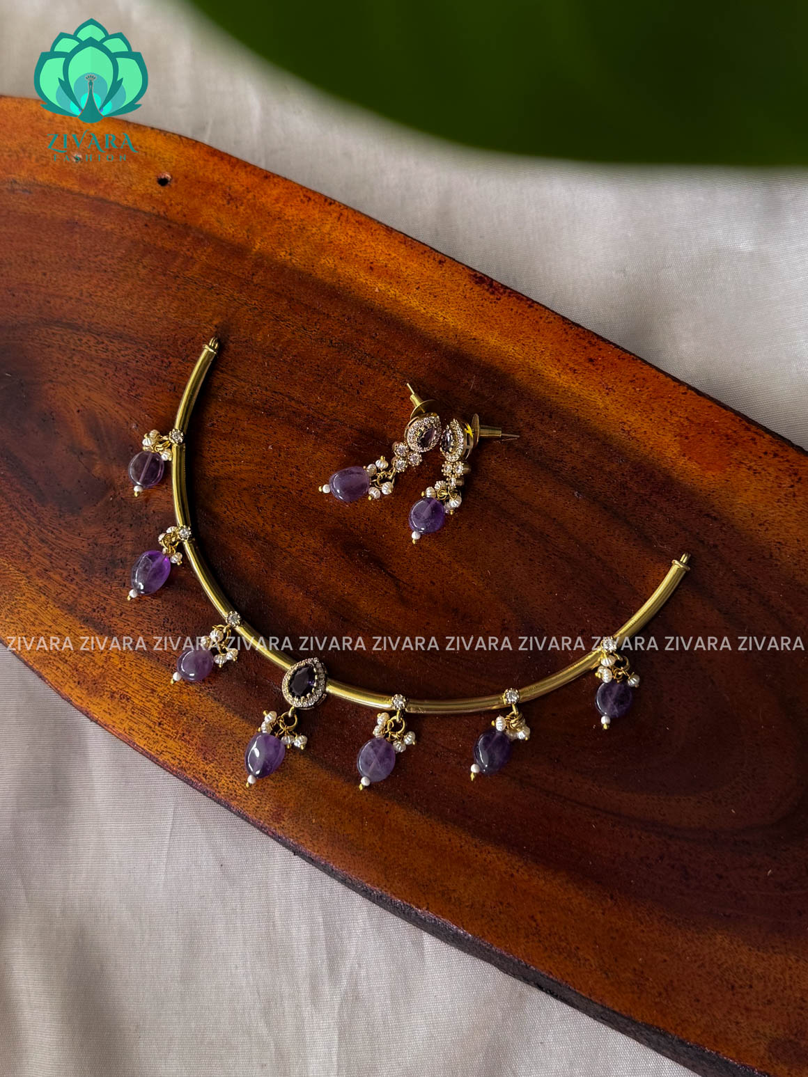 PURPLE - Simple beads hanging Traditional south indian premium neckwear with earrings- Zivara Fashion- latest jewellery design