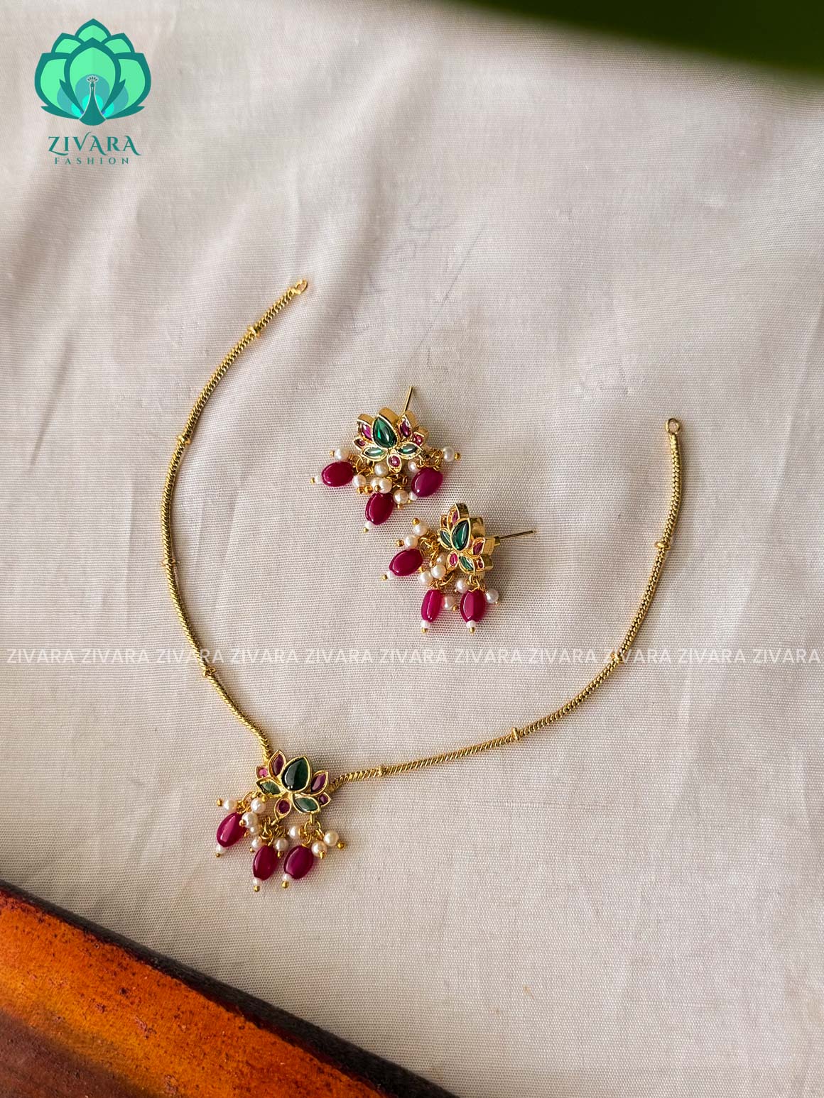 RUBY LOTUS PENDNAT THIN CHAIN -KIDS FRIENDLY Traditional south indian premium neckwear with earrings- Zivara Fashion- latest jewellery design.