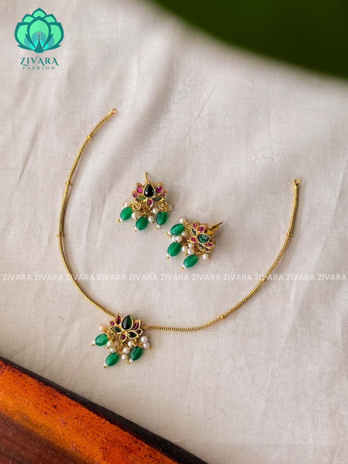 GREEN LOTUS PENDNAT THIN CHAIN -KIDS FRIENDLY Traditional south indian premium neckwear with earrings- Zivara Fashion- latest jewellery design.