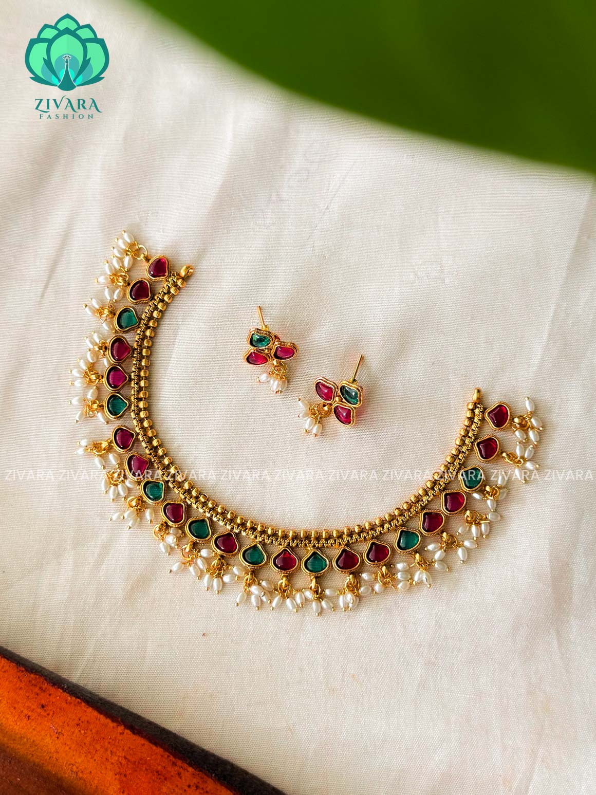 RUBY AND GREEN -POT -Traditional south indian NORMAL MATTE neckwear with earrings- Zivara Fashion- latest jewellery design.