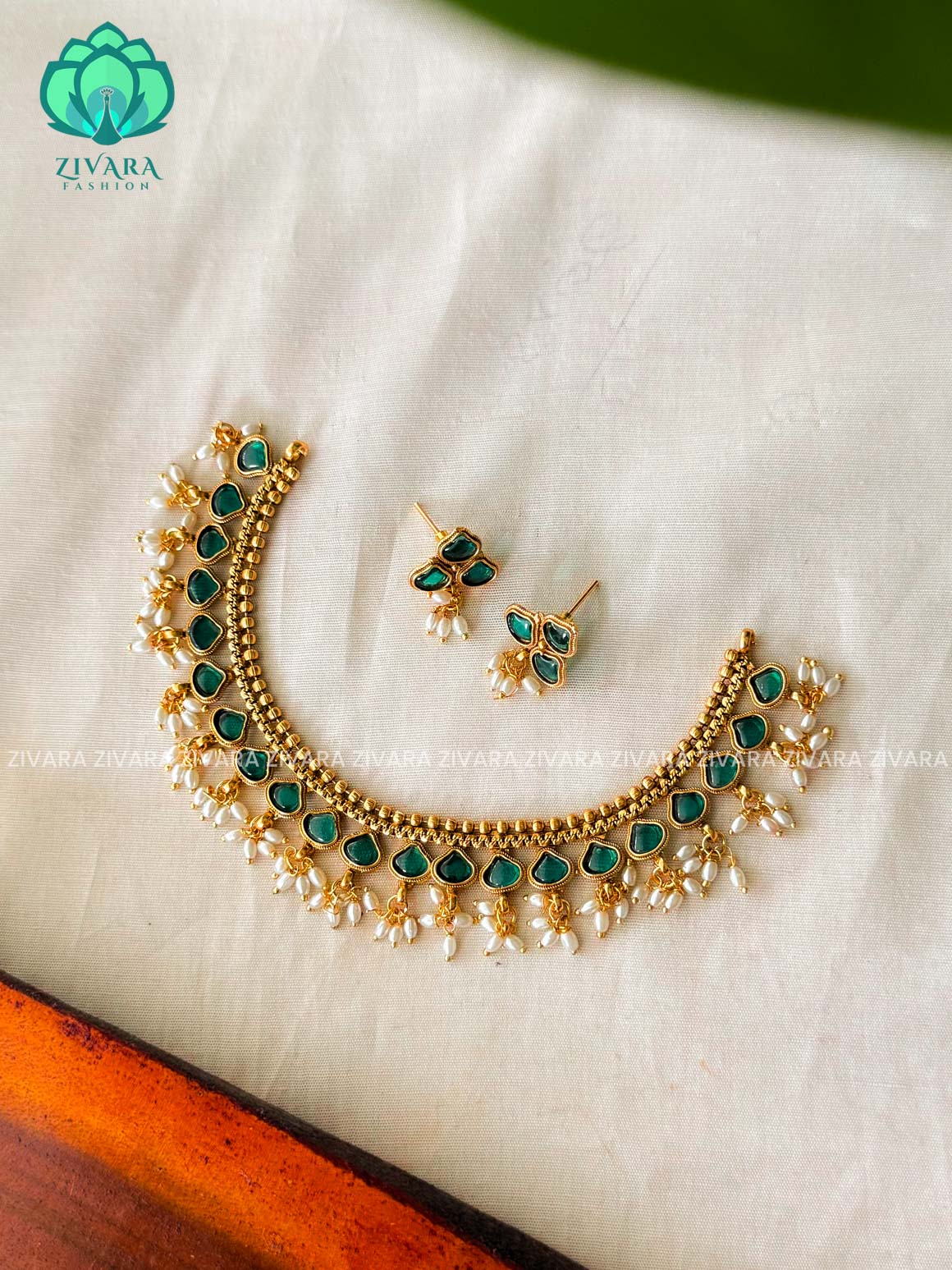 GREEN -POT -Traditional south indian NORMAL MATTE neckwear with earrings- Zivara Fashion- latest jewellery design.